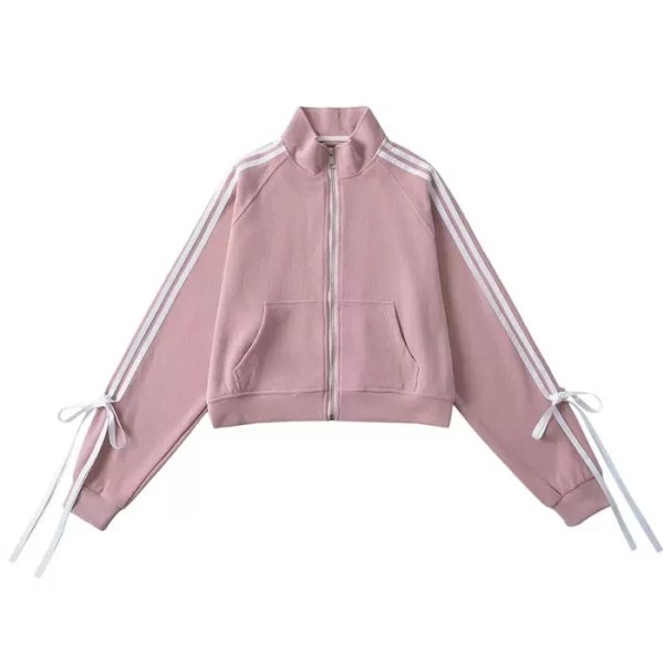 画像1: side drawstring bow stand-up collar sweatshirt　サイドリボンライン付きスタンドカラースウェットジャケット (1)