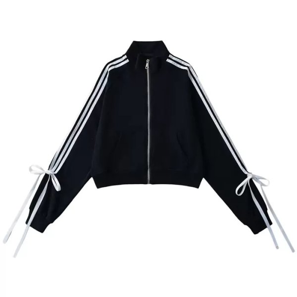 画像2: side drawstring bow stand-up collar sweatshirt　サイドリボンライン付きスタンドカラースウェットジャケット (2)