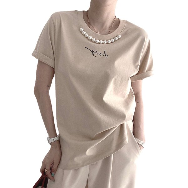 画像1: with pearl round neck t-shirt　ユニセックスパール付き半袖Tシャツ  (1)