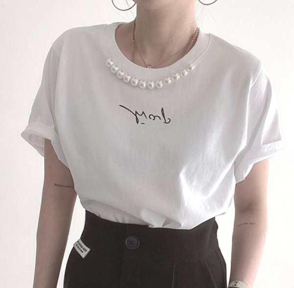画像2: with pearl round neck t-shirt　ユニセックスパール付き半袖Tシャツ  (2)