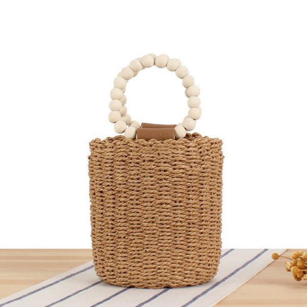 画像2: wooden bead portable straw bag round strap bucket bag tote bag　ウッドビーズハンドルバケットかご籠トートバッグ (2)