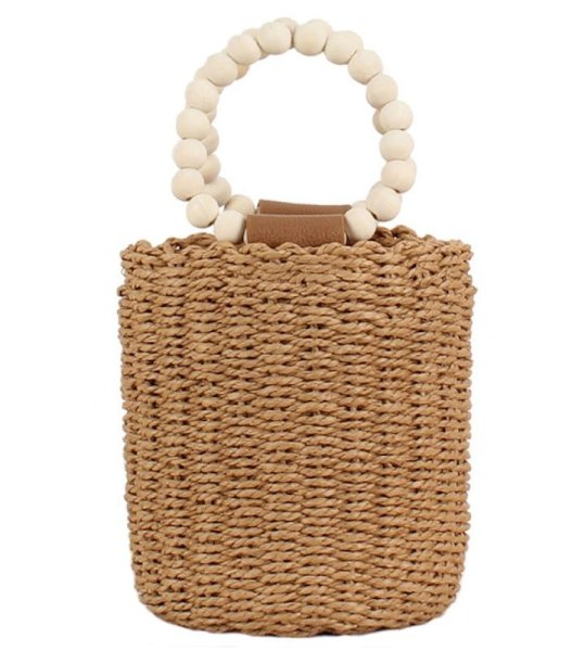 画像1: wooden bead portable straw bag round strap bucket bag tote bag　ウッドビーズハンドルバケットかご籠トートバッグ (1)