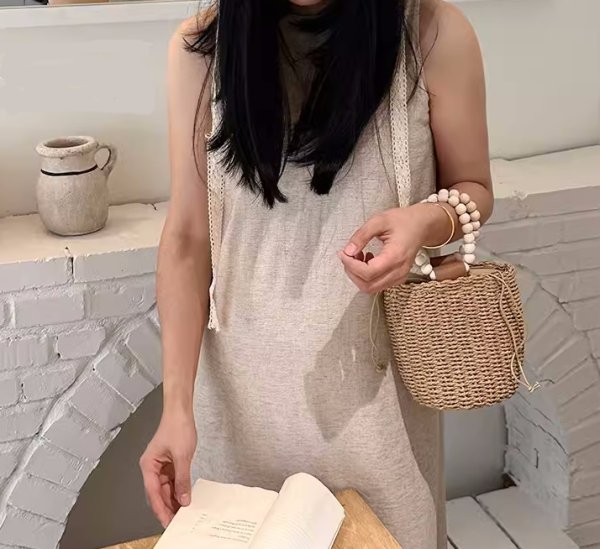 画像6: wooden bead portable straw bag round strap bucket bag tote bag　ウッドビーズハンドルバケットかご籠トートバッグ (6)