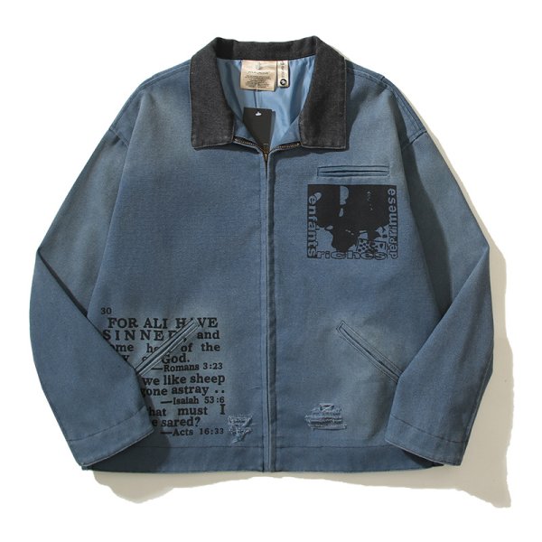 画像2: Street Lapel Top Distressed Frayed Printed Short Work Jacket coat　ユニセックス男女兼用ダメージグラフィックジップアップジャケットブルゾンスタジャンGジャン (2)