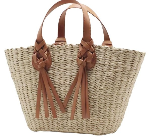 画像1: Braided leather handle basket tote bag　編み込みレザーハンドル籠かごトートバッグ (1)