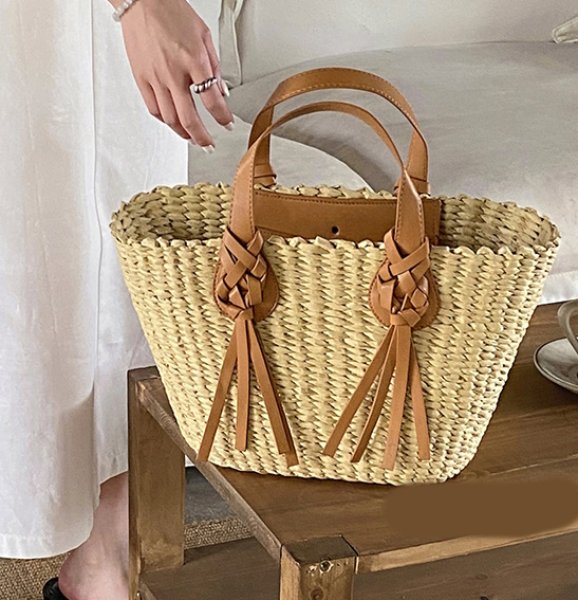 画像3: Braided leather handle basket tote bag　編み込みレザーハンドル籠かごトートバッグ (3)