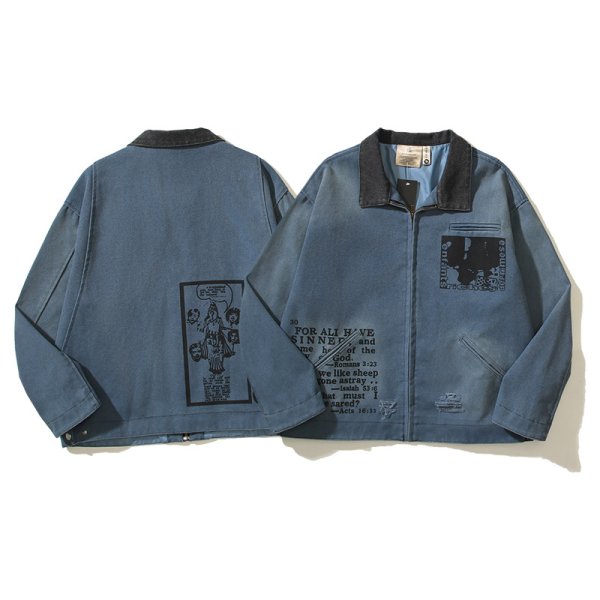 画像1: Street Lapel Top Distressed Frayed Printed Short Work Jacket coat　ユニセックス男女兼用ダメージグラフィックジップアップジャケットブルゾンスタジャンGジャン (1)
