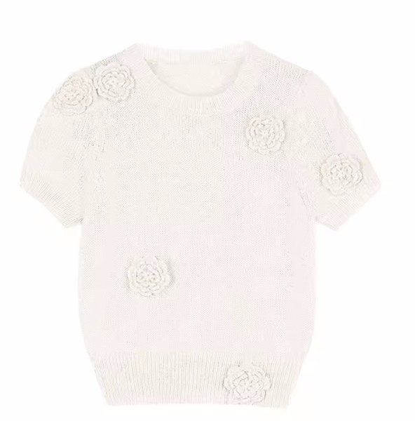 画像2: Women's sweet soft waxy three-dimensional flower round neck sweater　立体フラワーモチーフラウンドネック半袖セーター (2)