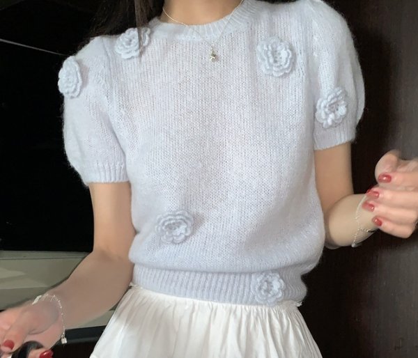画像6: Women's sweet soft waxy three-dimensional flower round neck sweater　立体フラワーモチーフラウンドネック半袖セーター (6)