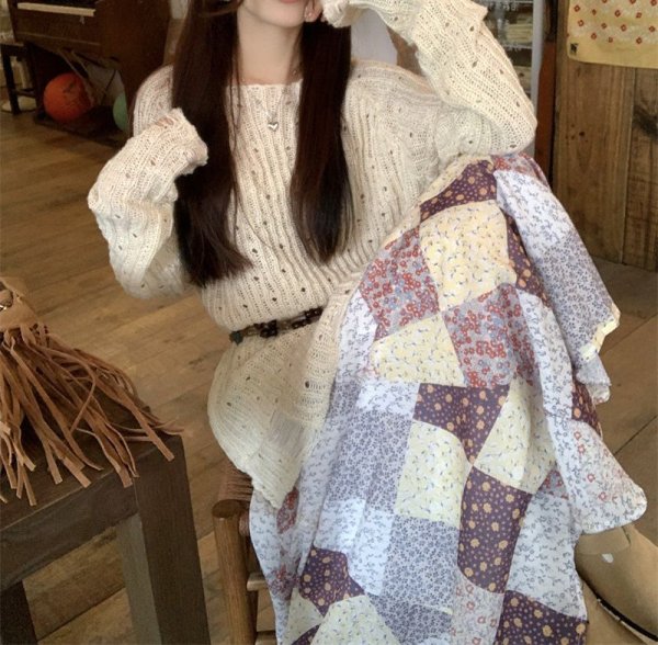 画像4: Women's contrast plaid floral irregular A-line skirt long maxi length　フローラルイレギュラーAラインロングマキシ丈スカートカントリーウエスタン (4)