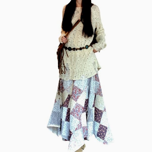 画像2: Women's contrast plaid floral irregular A-line skirt long maxi length　フローラルイレギュラーAラインロングマキシ丈スカートカントリーウエスタン (2)