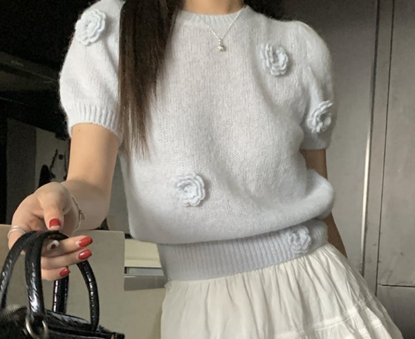 画像7: Women's sweet soft waxy three-dimensional flower round neck sweater　立体フラワーモチーフラウンドネック半袖セーター (7)