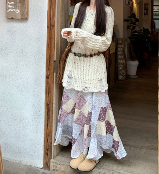 画像3: Women's contrast plaid floral irregular A-line skirt long maxi length　フローラルイレギュラーAラインロングマキシ丈スカートカントリーウエスタン (3)