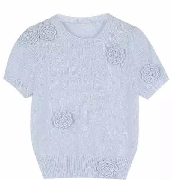 画像1: Women's sweet soft waxy three-dimensional flower round neck sweater　立体フラワーモチーフラウンドネック半袖セーター (1)