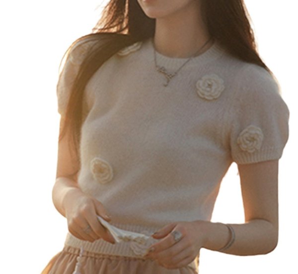 画像4: Women's sweet soft waxy three-dimensional flower round neck sweater　立体フラワーモチーフラウンドネック半袖セーター (4)