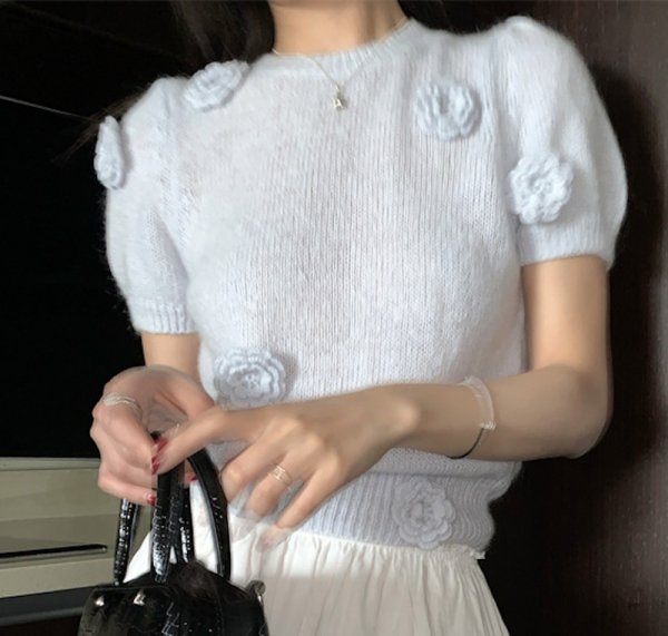 画像3: Women's sweet soft waxy three-dimensional flower round neck sweater　立体フラワーモチーフラウンドネック半袖セーター (3)