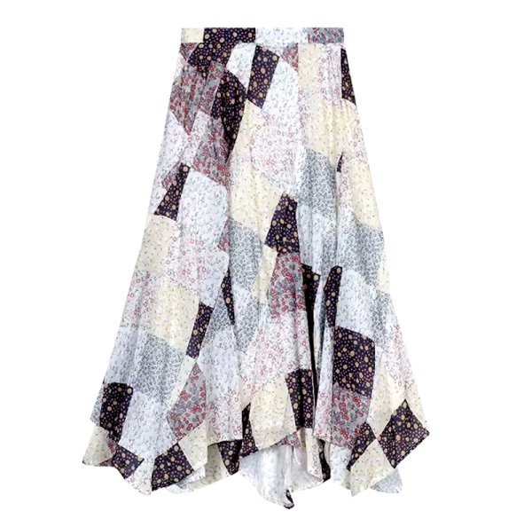画像1: Women's contrast plaid floral irregular A-line skirt long maxi length　フローラルイレギュラーAラインロングマキシ丈スカートカントリーウエスタン (1)