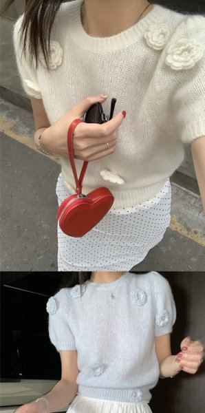 画像5: Women's sweet soft waxy three-dimensional flower round neck sweater　立体フラワーモチーフラウンドネック半袖セーター (5)