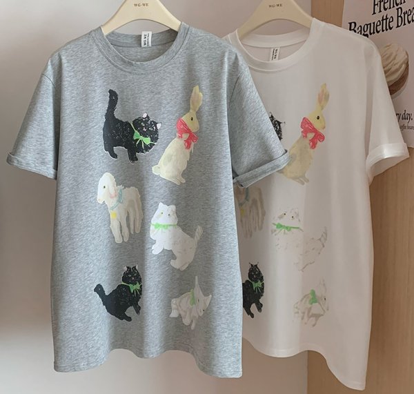 画像10: Women's Pet & Dog & Cat & Rabbit Print short sleeve t-shirt　ドッグ＆キャット＆ラビットプリント半袖Tシャツ (10)