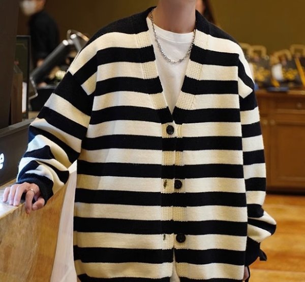 画像4: striped V-neck cardigan sweater   ボーダースタライプVネックカーディガントップス (4)