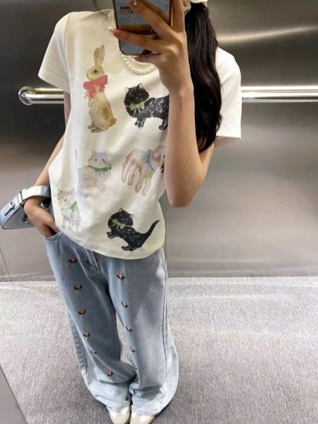 画像6: Women's Pet & Dog & Cat & Rabbit Print short sleeve t-shirt　ドッグ＆キャット＆ラビットプリント半袖Tシャツ (6)