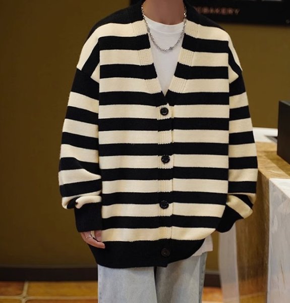 画像2: striped V-neck cardigan sweater   ボーダースタライプVネックカーディガントップス (2)