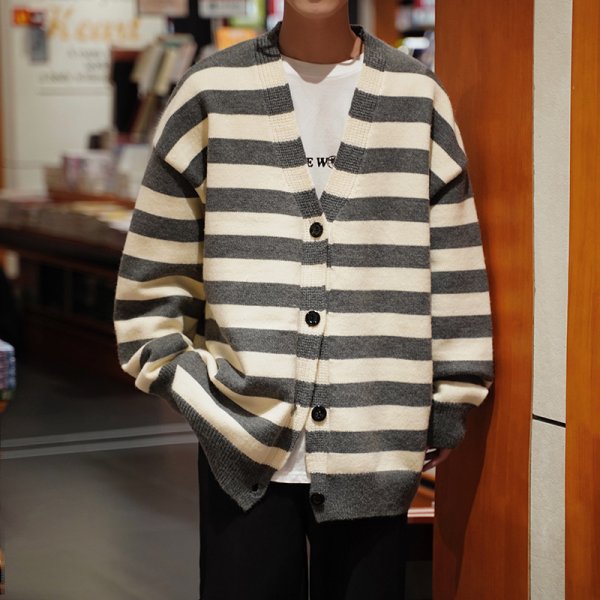画像6: striped V-neck cardigan sweater   ボーダースタライプVネックカーディガントップス (6)