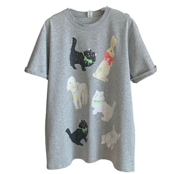 画像1: Women's Pet & Dog & Cat & Rabbit Print short sleeve t-shirt　ドッグ＆キャット＆ラビットプリント半袖Tシャツ (1)