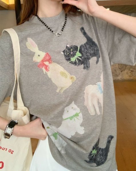 画像8: Women's Pet & Dog & Cat & Rabbit Print short sleeve t-shirt　ドッグ＆キャット＆ラビットプリント半袖Tシャツ (8)