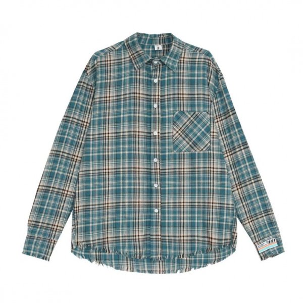 画像1: sleeve hem fringe check shirt　ユニセックス男女兼用袖裾フリンジチェックシャツ (1)
