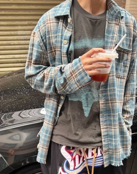 画像3: sleeve hem fringe check shirt　ユニセックス男女兼用袖裾フリンジチェックシャツ (3)