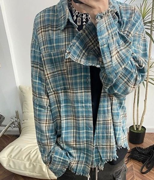 画像4: sleeve hem fringe check shirt　ユニセックス男女兼用袖裾フリンジチェックシャツ (4)