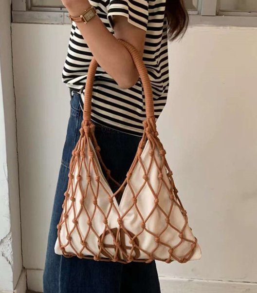 画像9: seaside vacation woven hollow shoulder underarm tote bag mesh bag 　メッシュ編みバケイショントートショルダーショッピングバッグ (9)