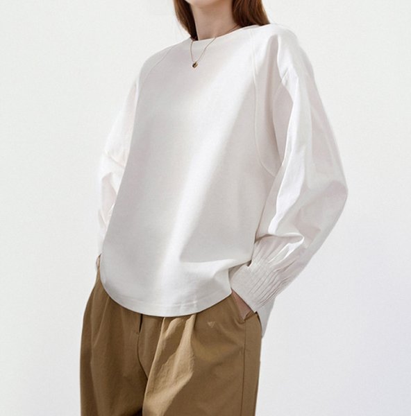 画像9: Women's Lantern sleeve pleated patchwork shirt sweatshirt shirt　ラタンスリーブパッチワークブラウス Tシャツ (9)