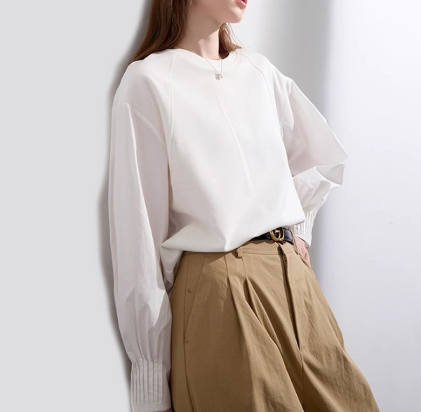 画像5: Women's Lantern sleeve pleated patchwork shirt sweatshirt shirt　ラタンスリーブパッチワークブラウス Tシャツ (5)