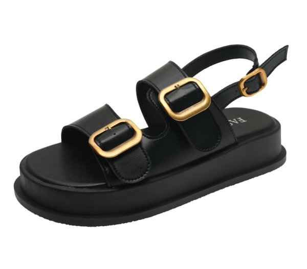 画像1: DOUBLE BUCKLE BACK STURUP FLAT SANDALS shoes　ダブルゴールドバックルレザーフラットバックベルトサンダルシューズ (1)