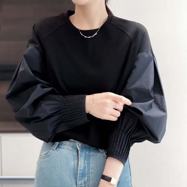 画像7: Women's Lantern sleeve pleated patchwork shirt sweatshirt shirt　ラタンスリーブパッチワークブラウス Tシャツ (7)