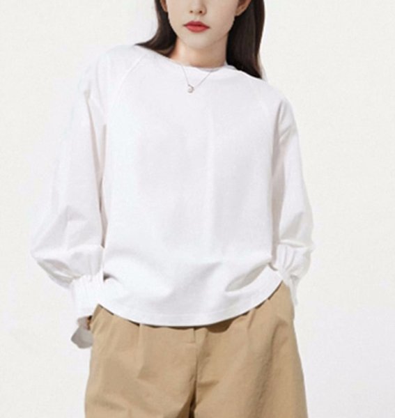 画像1: Women's Lantern sleeve pleated patchwork shirt sweatshirt shirt　ラタンスリーブパッチワークブラウス Tシャツ (1)