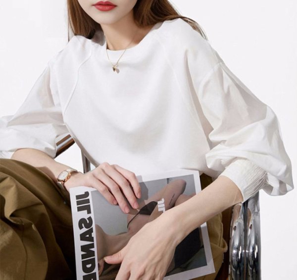 画像8: Women's Lantern sleeve pleated patchwork shirt sweatshirt shirt　ラタンスリーブパッチワークブラウス Tシャツ (8)