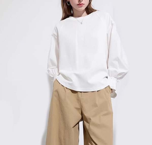 画像10: Women's Lantern sleeve pleated patchwork shirt sweatshirt shirt　ラタンスリーブパッチワークブラウス Tシャツ (10)