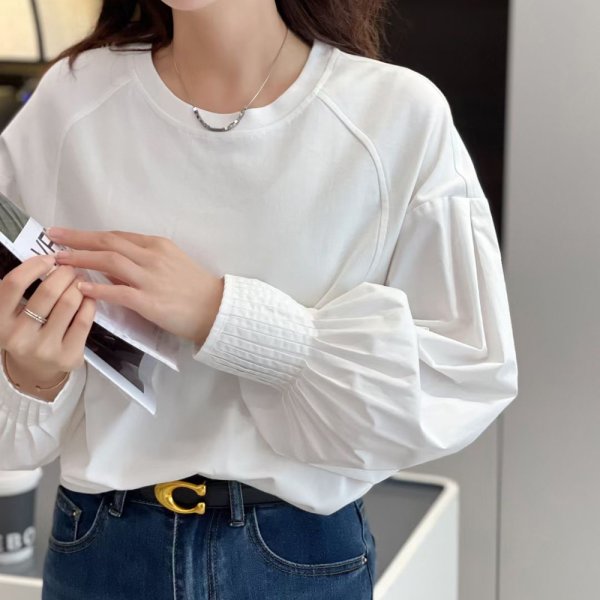 画像6: Women's Lantern sleeve pleated patchwork shirt sweatshirt shirt　ラタンスリーブパッチワークブラウス Tシャツ (6)