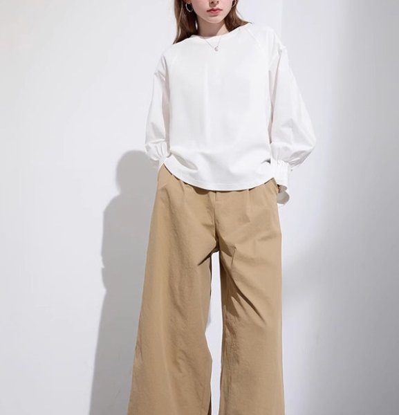 画像4: Women's Lantern sleeve pleated patchwork shirt sweatshirt shirt　ラタンスリーブパッチワークブラウス Tシャツ (4)