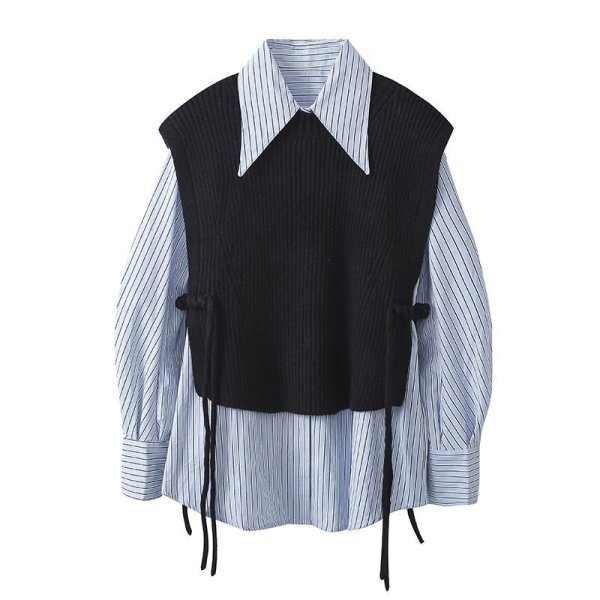 画像4: Women's Button knit vest + long sleeve striped shirt set　ボタンニットベスト＋長袖ストライプシャツ セット (4)