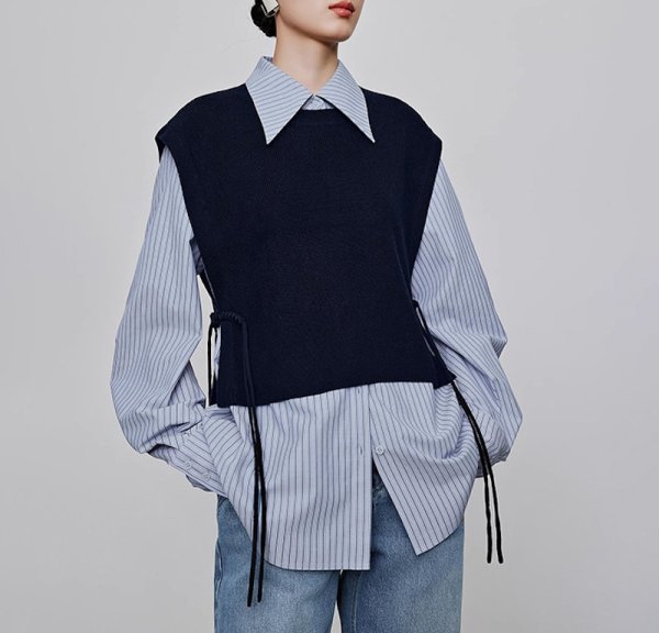 画像1: Women's Button knit vest + long sleeve striped shirt set　ボタンニットベスト＋長袖ストライプシャツ セット (1)