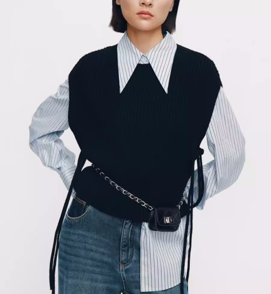 画像3: Women's Button knit vest + long sleeve striped shirt set　ボタンニットベスト＋長袖ストライプシャツ セット (3)