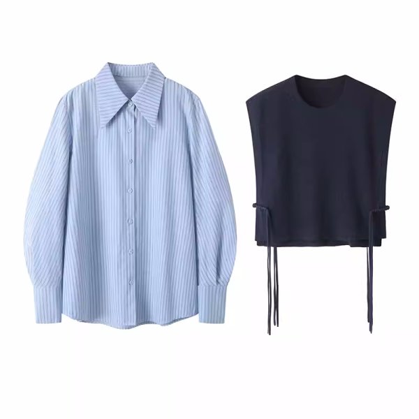 画像8: Women's Button knit vest + long sleeve striped shirt set　ボタンニットベスト＋長袖ストライプシャツ セット (8)