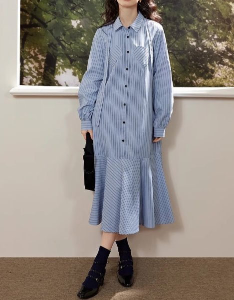 画像6: Women's Striped fishtail skirt ruffled patchwork shirt dress ストライプロングフィッシュテールドレスワンピース (6)