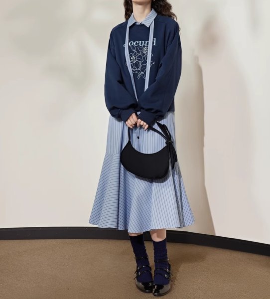 画像4: Women's Striped fishtail skirt ruffled patchwork shirt dress ストライプロングフィッシュテールドレスワンピース (4)