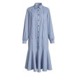 画像1: Women's Striped fishtail skirt ruffled patchwork shirt dress ストライプロングフィッシュテールドレスワンピース (1)