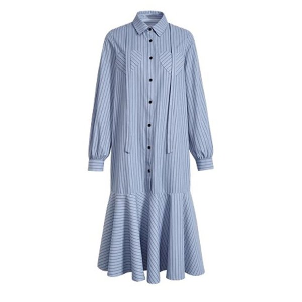 画像1: Women's Striped fishtail skirt ruffled patchwork shirt dress ストライプロングフィッシュテールドレスワンピース (1)
